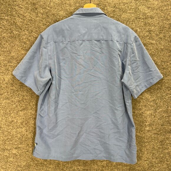 Solitude Shirt Men M Medium Blue Button Up Collared Short Sleeve Pockets Rayon - Picture 2 of 7